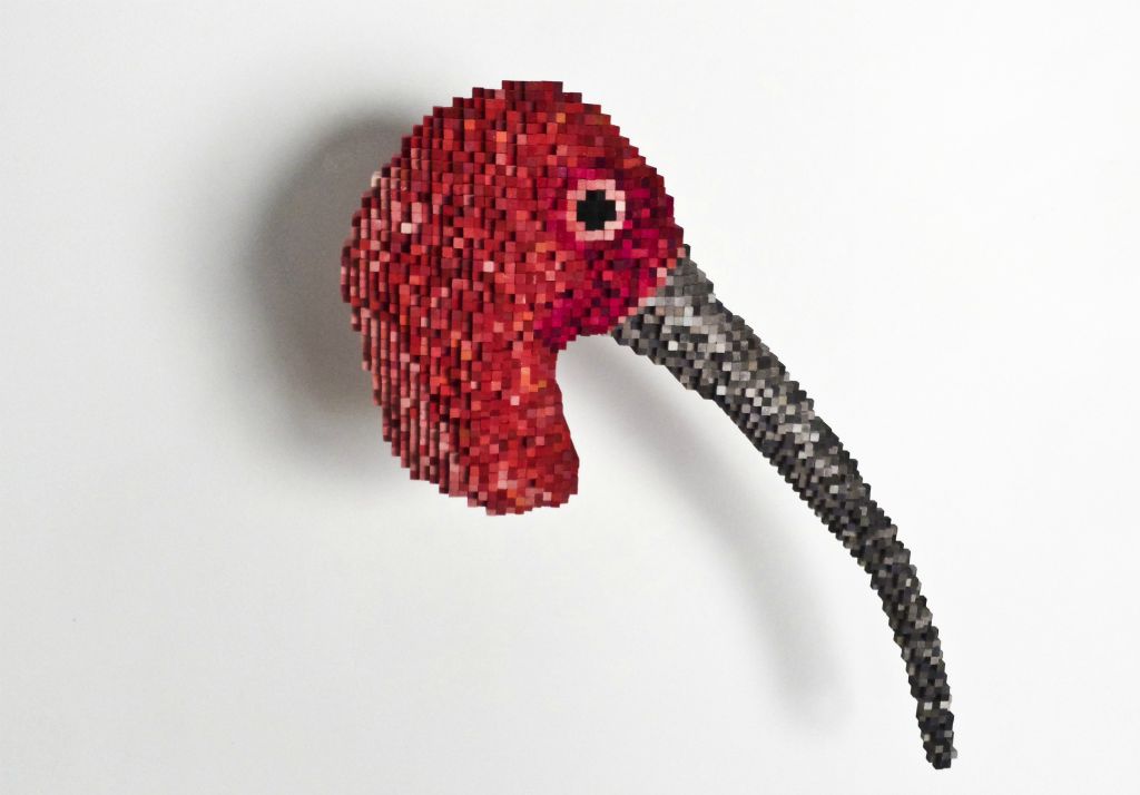 Scarlet Ibis (2013)
22 x 20 x 13 inches. Balsa wood, bass wood, ink, acrylic paint